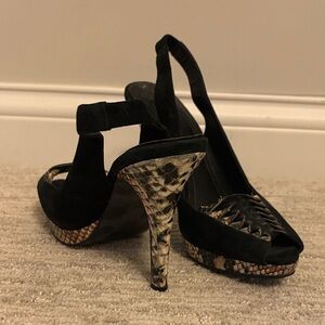 BCBG Sassy Black and Snake Print Women's Slingback Heels